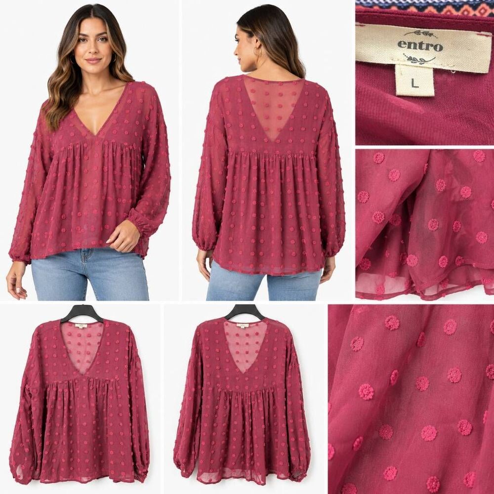 Entro Swiss Dot Sheer Blouse Burgundy L